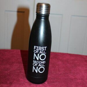 Black double-walled stainless-steel vacuum insulated water bottle with Text
